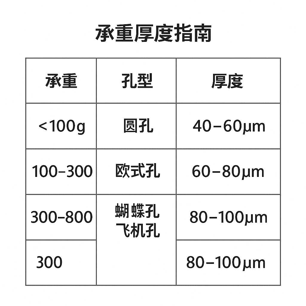 掛孔袋承重厚度指南表：輕質(zhì)用圓孔、中重用歐式/蝴蝶孔