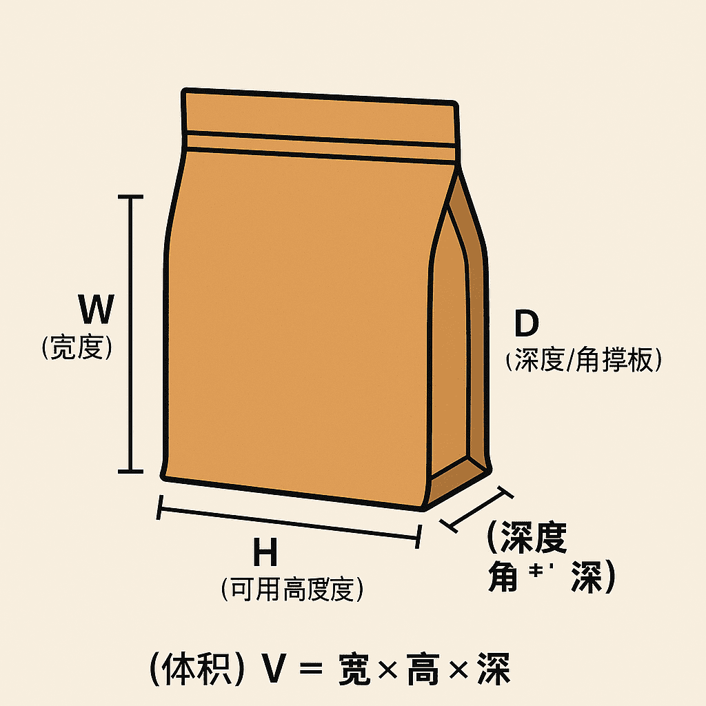 平底袋體積計(jì)算公式與結(jié)構(gòu)示意
