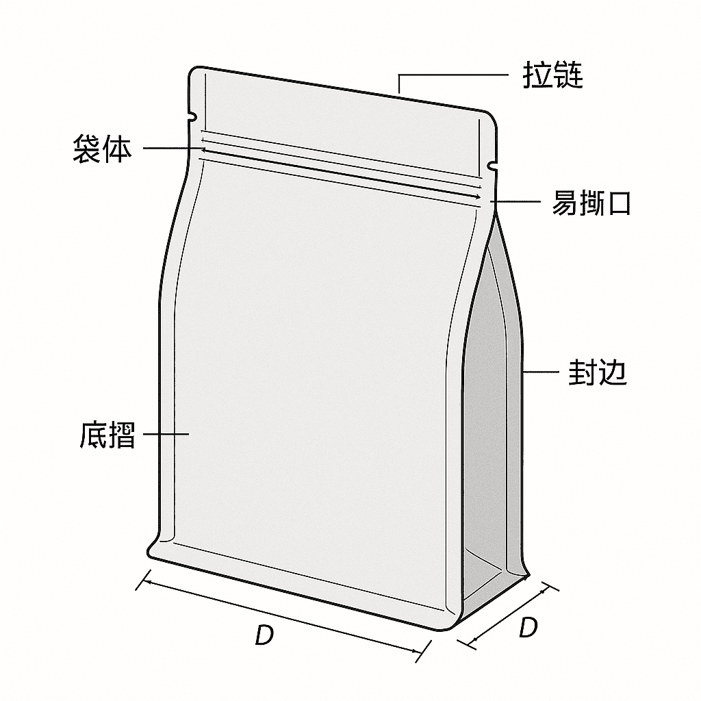 自立袋結(jié)構(gòu)示意：袋體、底褶、封邊與易撕口