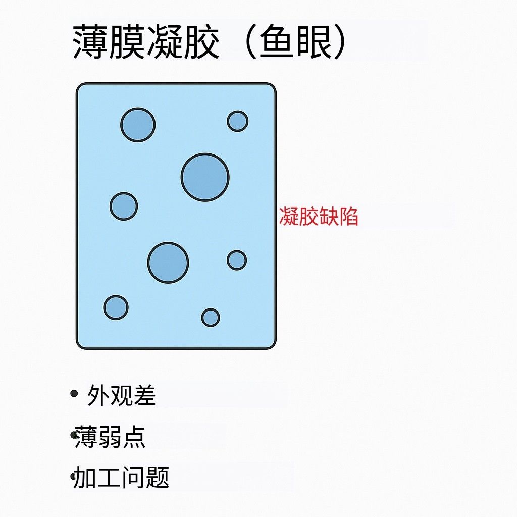 薄膜表面出現(xiàn)多個(gè)凝膠點(diǎn)和魚眼缺陷的示意圖
