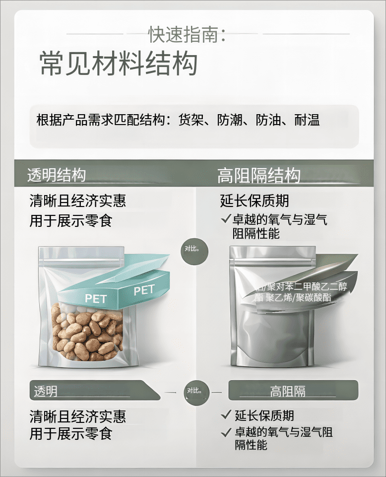 食品軟包裝材料結(jié)構(gòu)示意：透明結(jié)構(gòu)與高阻隔結(jié)構(gòu)對(duì)比