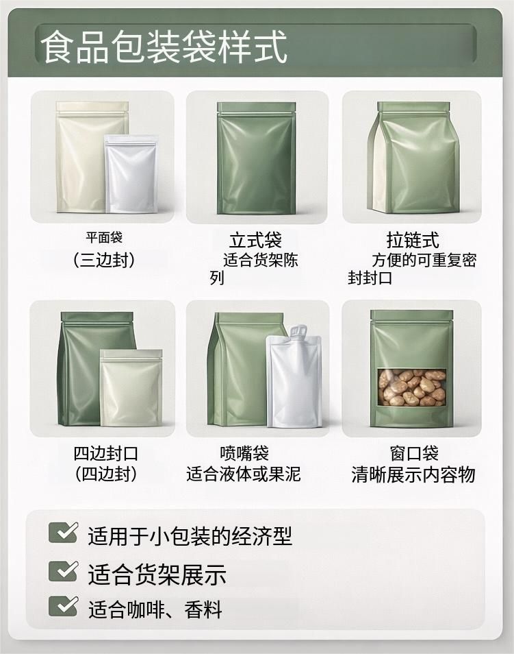 軟包裝袋型示意：三邊封、自立袋、八邊封、吸嘴袋等