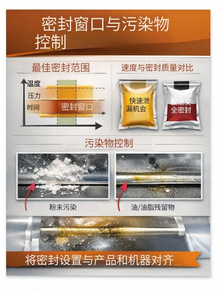 自動包裝機用卷膜的熱封窗口與抗污染封口要點示意