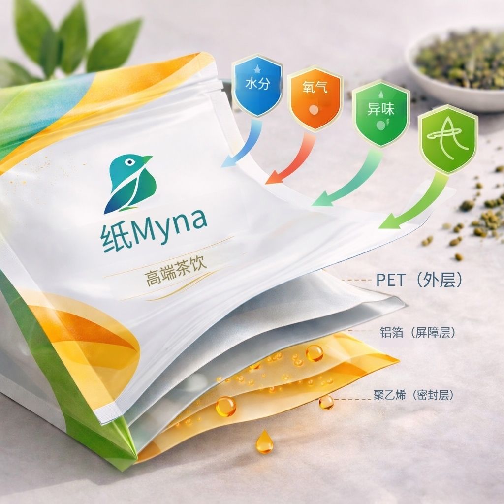 軟包裝阻隔與結構示意：外層PET/阻隔層/內層熱封層，強調封口可靠性