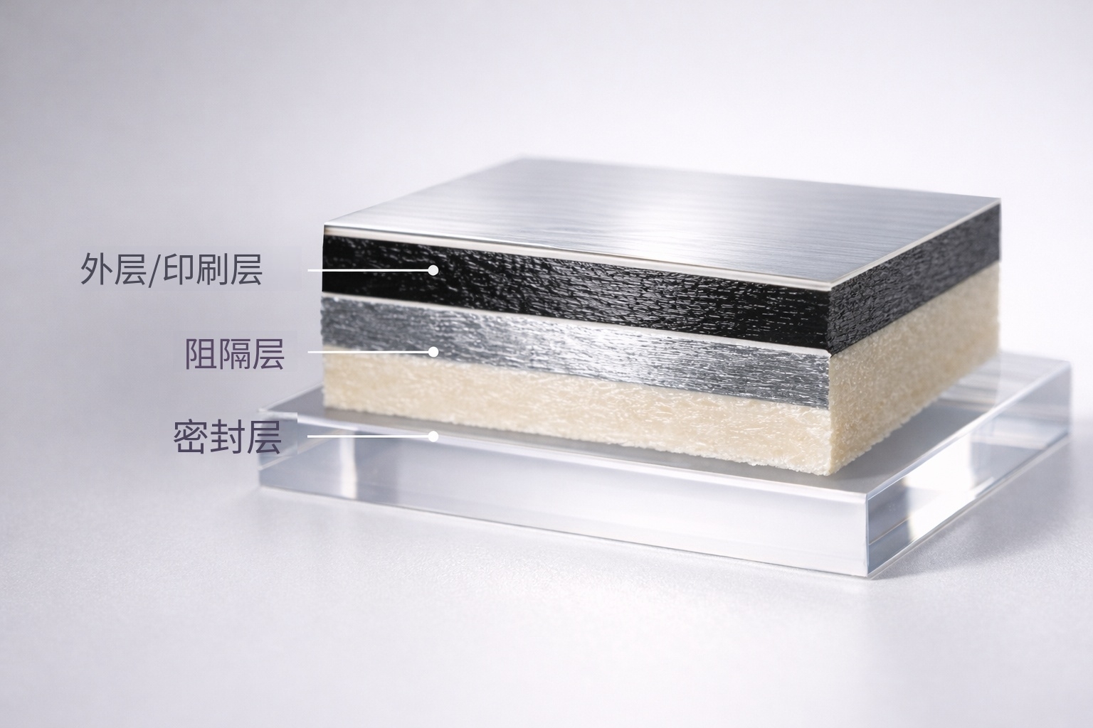 食品包裝袋復(fù)合膜結(jié)構(gòu)示意（外層中層內(nèi)層與阻隔層組合）