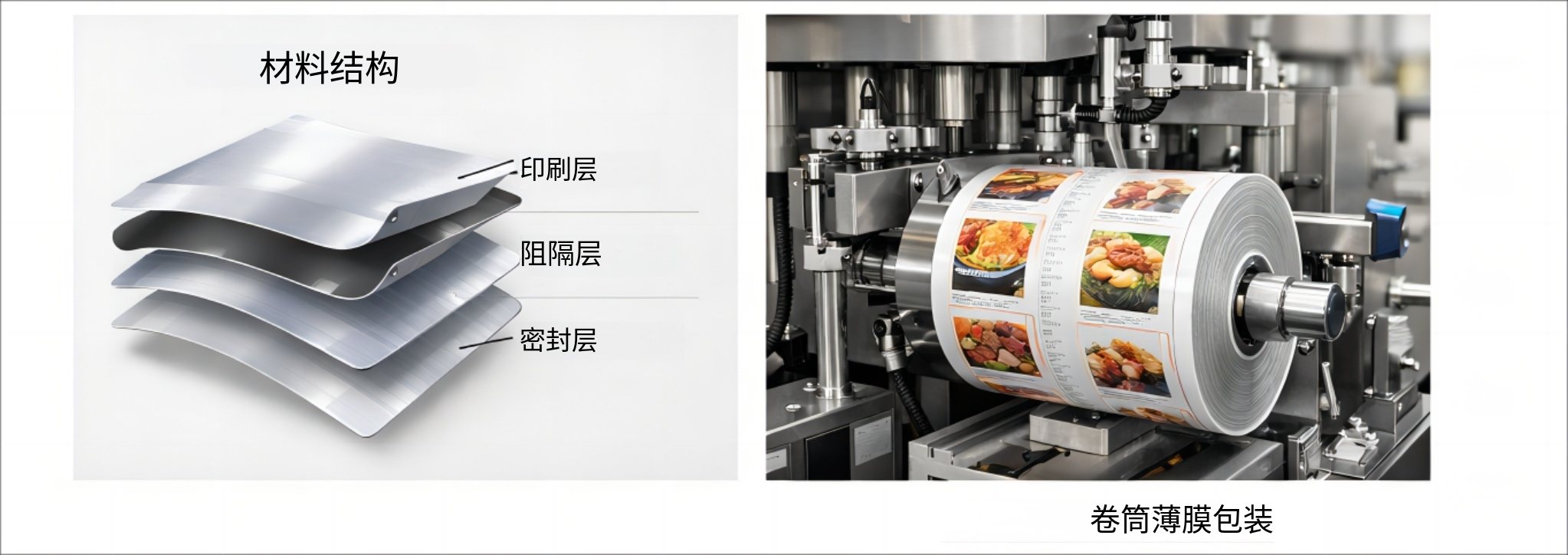 預(yù)制菜包裝袋材質(zhì)結(jié)構(gòu)與阻隔層示意