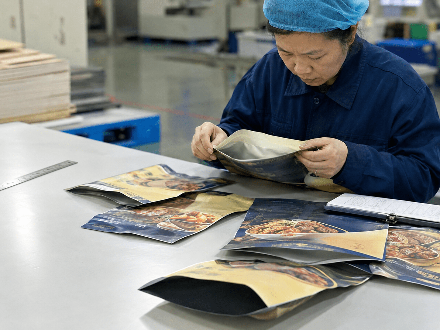 工廠質(zhì)檢人員檢查復合包裝袋卷邊、翹邊和袋口平整度
